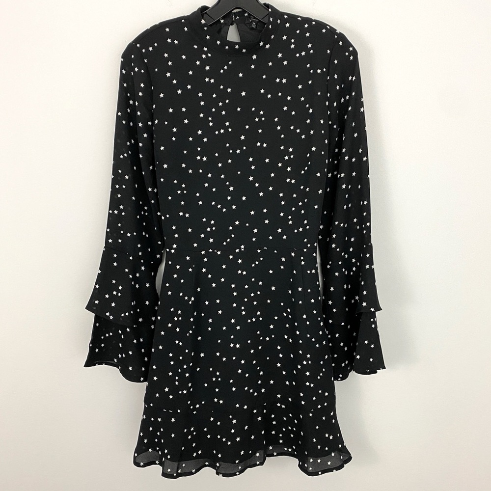 Lucky Brand size M Black with White Star Print Long Bell Sleeve Mini Dress
